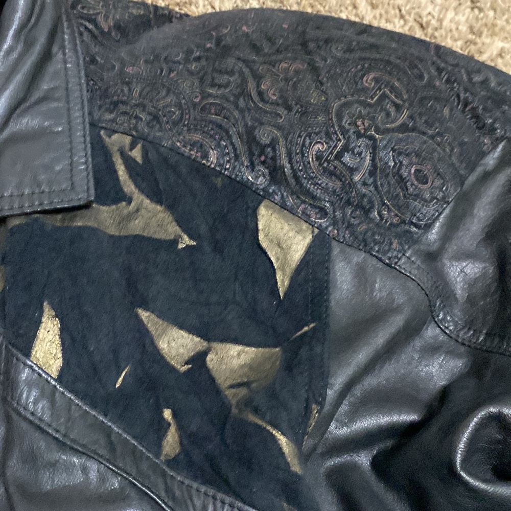 Vintage Nevada Blue Black Cut Design Pattern Leather Jacket Size L - Picture 9 of 12